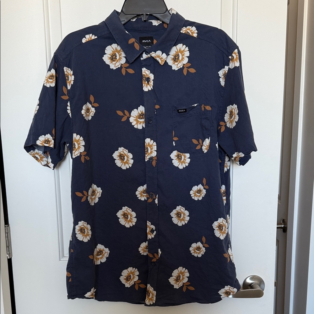 RVCA Men's Dark Blue Floral Button Down Shirt